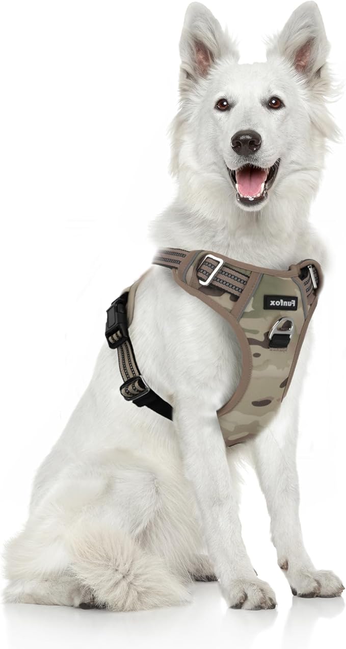 Funfox Dog Harness No Pull, Adjustable Pet Vest Harness, Super Soft Material with Vertical Handle Easy Control, Reflective Night Walking, 2 Leash Clips for XLarge Dogs, Camo Brown, XL-Mewly Pet