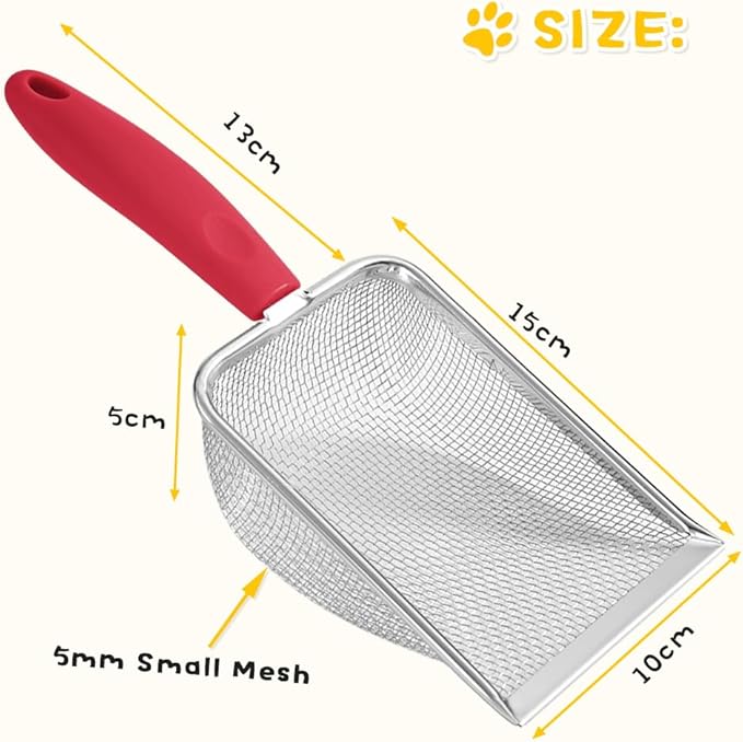 Cat Litter Scoop,Sturdy Litter Cleaner Corner Shovel,Stainless Steel Mesh Litter Shovel,Easy to Clean Reptile Terrarium Sand Waste,Beach Shovel(Red)-Mewly Pet