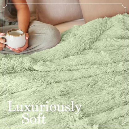 The Connecticut Home Co Throw Blanket Soft Fluffy Room Decor, Cozy Warm Throws for Bed, Couch, Gifts for Women, Bedroom Cute Aesthetic Blankets Shag and Sherpa, 65x50, Sage