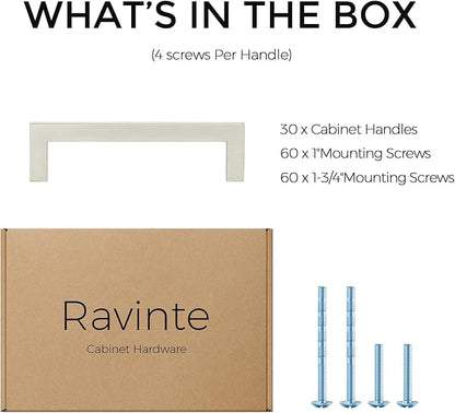 Ravinte 30 Pack Solid 3-1/2 Inch Center to Center Slim Square Bar Drawer Handles - Brushed Nickel Drawer Pulls - Kitchen Cabinet Hardware