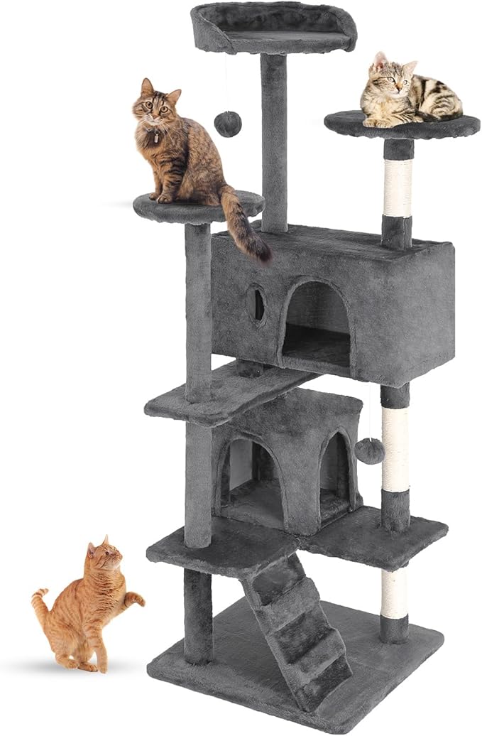 FDW Cat Tree 54in Cat Tower Multi-Level Durable Cat Scratching Post & Cozy Fun Cat Jumping Platform Space Saving Cat Condo Pet Play House for Indoor Cats,Light Gray-Mewly Pet