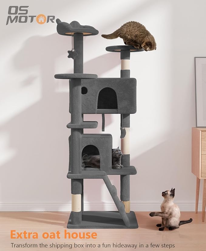 60" Cat Tree Tower for Indoor Cats Large Adult,Cute/Tall Modern Cat Tree for Big Cats 20 lbs, Plush Multi-Level Cat Condo with Scratching Posts,Dangling Ball (Smoky Gray, 60 inch)-Mewly Pet
