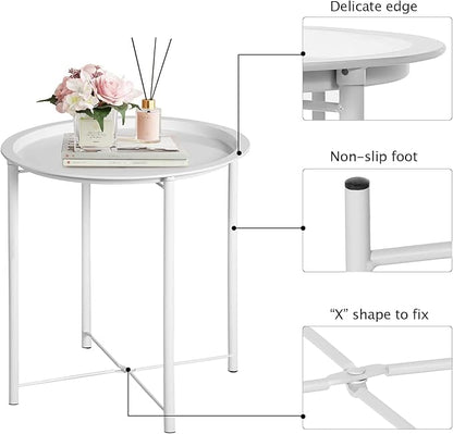 VECELO Side/End Table, Folding Round Metal Anti-Rust and Waterproof Outdoor or Indoor Tray for Living Room Bedroom Balcony and Office, 1 PCS, Beige