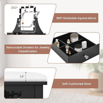CHARMAID Vanity Desk with Mirror and Lights, Makeup Vanity Table with 5 Storage Drawers, 3 Color Lighting Modes, Adjustable Brightness, Modern Bedroom Dressing Table with Vanity Stool, Black