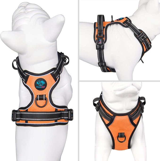 PHOEPET No Pull Dog Harness Medium Reflective Front Clip Puppy Vest with Handle,Adjustable 2 Metal Leash Attachment Hooks(M, Orange)-Mewly Pet