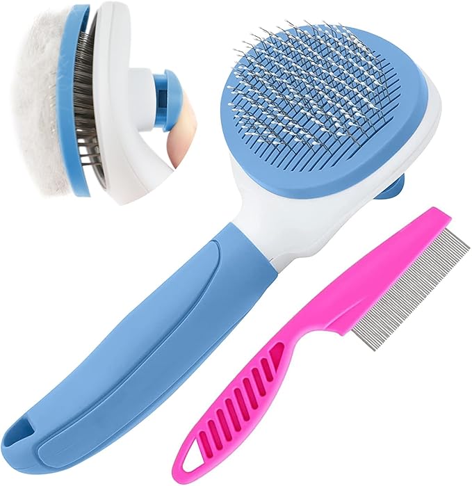 Cat Brush for Shedding and Grooming, Pet Self Cleaning Slicker Brush with Cat Hair Comb by KALAMANDA (Blue)-Mewly Pet