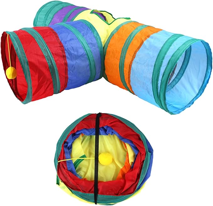 32Pcs Cat Toys Kitten Interactive Pet Toys Assortments, Foldable Rainbow Tunnel, Teaser Wand Fluffy Mouse Crinkle Balls Bell Play for Puppy Kitty (3 way)-Mewly Pet