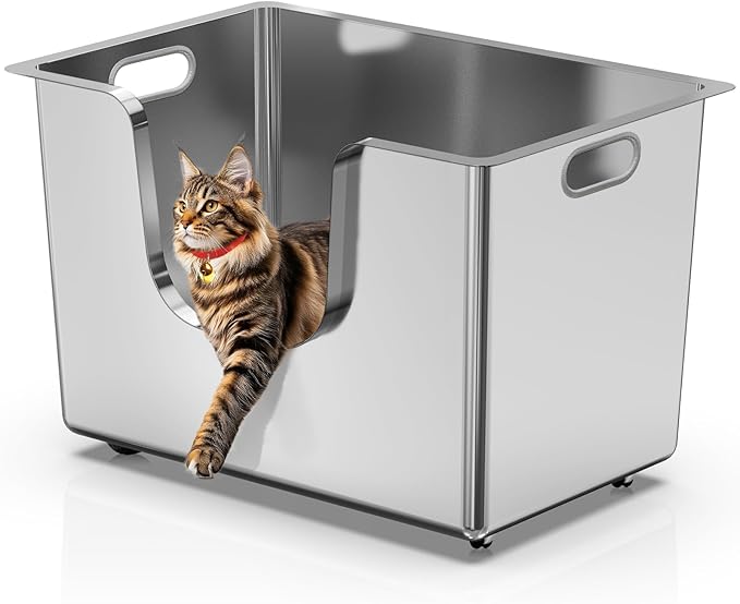 Enclosed Stainless Steel Cat Litter Box 13.8” High Sides, Extra Large Litter Box for Big Cats, XL Metal Kitty Litter Pan Pet Toilet with Wheels for Easy Mobility, Anti-Leakage, Non-Sticky, Easy Clean-Mewly Pet