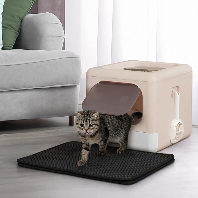 Foldable Cat Litter Box w/Lid, Scoop & Mat, Drawer Design Cat Toilet for Kitten, Two-Way Entry Kitty Litter Box, Odor Control & Easy to Clean, Beige/Pink-Mewly Pet