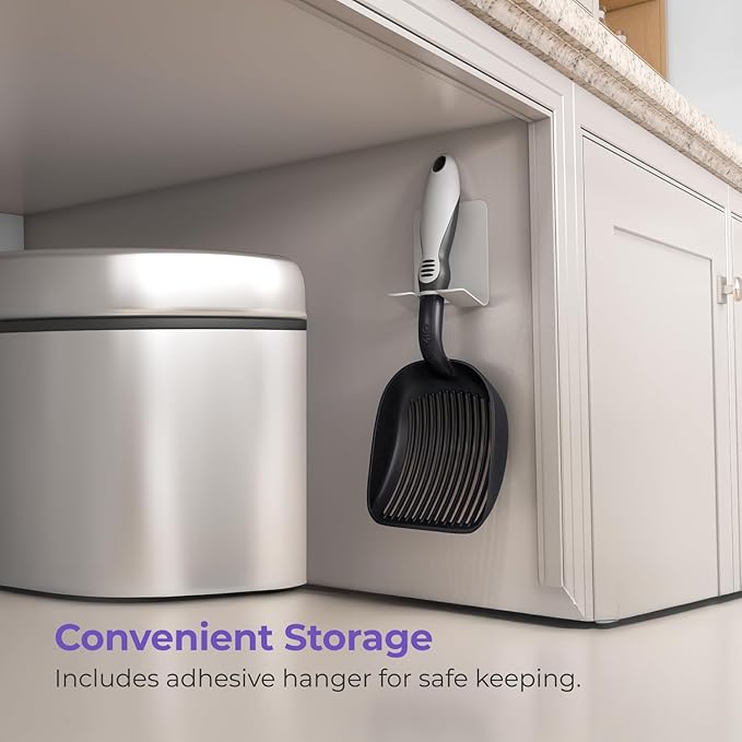 iPrimio Cat Litter Scoop Metal w/ Deep Shovel, Black - Non Stick Plated Aluminum Cat Litter Scooper with Holder - Litter Box Scooper - Metal Cat Litter Scoop - Patented Sifter w/ Holder - Solid Handle-Mewly Pet