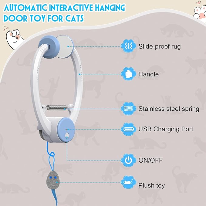 Cat Toy Interactive for Indoor Cats, Smart USB Rechargeable Door Hanging Automatic Retractable Kitten Toys, Teaser Electronic Self Play Feather Cat String Toy Attached with 3 Catnip Mice White-Mewly Pet