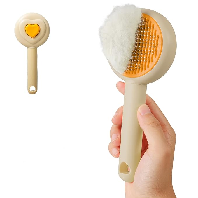 New cat brush&dog brush,pet hair brush with Self Cleaning Button Easy to remove loose undercoat，Needle-tip massage beads, no harm to the skin,Lovely Heart Series(Khaki)-Mewly Pet
