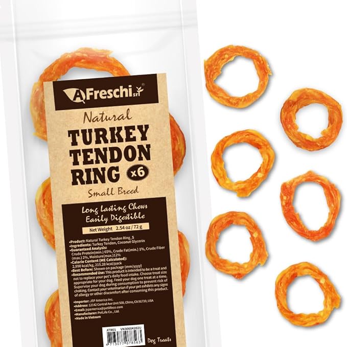 Afreschi Turkey Tendon Small Ring (S) 6 Pieces per Pack, USA-Sourced Turkey Tendon, All Natural Human Grade Puppy Chew, Hypoallergenic, Rawhide Alternative, Dog Treats for Small Breeds-Mewly Pet