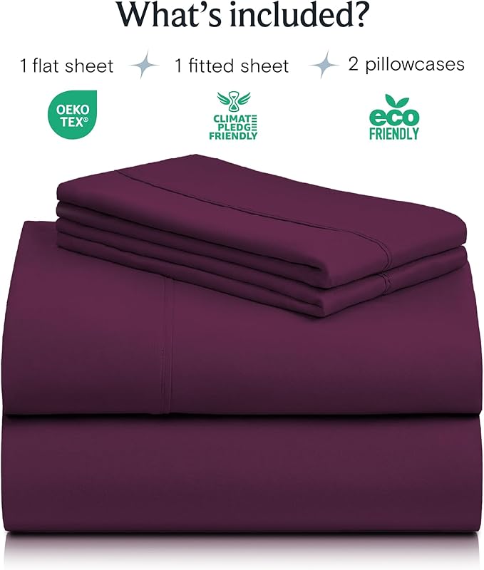 LuxClub 4 PC King Sheet Set, Breathable Luxury Bed Sheets, Deep Pockets Wrinkle Free Cooling Bed Sheets Machine Washable Hotel Bedding Silky Soft - Eggplant King