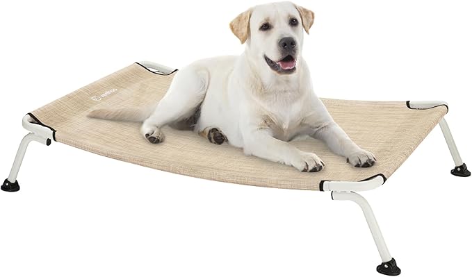 Veehoo Elevated Dog Bed for Outdoor, Cooling Waterproof Raised Dog Cots Beds for Large Dogs, Curved Off Ground Pet Hammock Cot Lifted for Outside, up to 85lbs, White Legs, Beige 42"-Mewly Pet