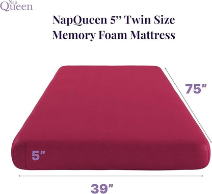 NapQueen 5 Inch Twin Memory Foam Mattress, Medium Feel, CertiPUR-US Certified, Bed in a Box, Breathable Soft Fabric Cover, Pink