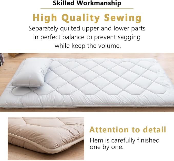 EMOOR Japanese Floor Futon Mattress Anti-Sag Small-Twin Made in Japan 100% Cotton Chip Foam Gray, Shikibuton Foldable Sleeping Bed Tatami Mat