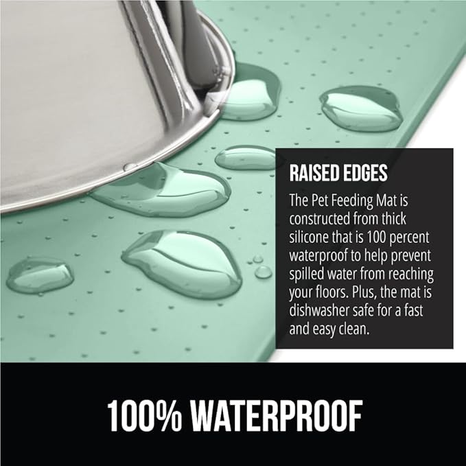GORILLA GRIP 100% Waterproof Raised Edge BPA Free Silicone Pet Feeding Mat, Dog Cat Food Mats Contain Spills Protects Floors, Placemats for Cats and Dogs Water Bowl, Pets Accessories 28x18 Mint-Mewly Pet