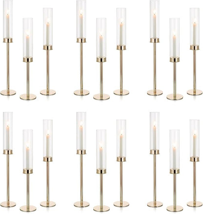 NUPTIO Candle Holders for Table Centerpiece: 18 Pcs 23.6 & 21.7 & 19.7 in Tall Gold Hurricane Candlesticks Holder with Glass Cylinder Cover Bulk Taper Candles Sticks Stand for Thanksgiving Party Decor