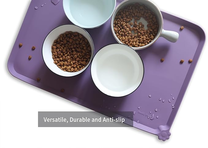 Hoki Found L Silicone Pet Food Mats Tray with Higher Lips- Non Slip Dog Cat Bowl Mats Placemat - Pet Feeding Mat - Waterproof Dog Cat Food Mats -Pet Water Mats for Carpet -Amethyst-Mewly Pet