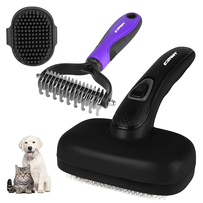 Dog Brush Kit – 3 PCS Grooming Set with Self-Cleaning Brush, Undercoat Rake & Pet Bath Brush. Great for Shedding, Tangles & Dirt Removal – Ideal for Long & Short Haired Dogs & Cats, Black-Mewly Pet