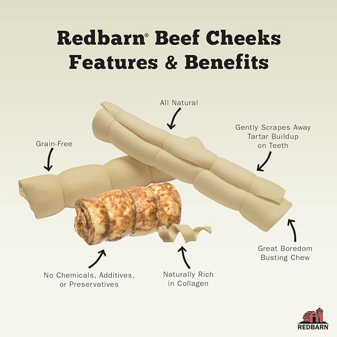 Redbarn Pet Products All-Natural Large Beef Cheek Rolls for Dogs, Uncoated - Single Ingredient Grain-Free Chew Treat Naturally Rich in Collagen - No Artificial Preservatives - Pack of 4-Mewly Pet