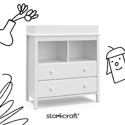 Storkcraft Alpine 2 Drawer Changing Table Chest (White) - Attached Changing Table Topper Fits Any Standard-Size Baby Changing Pad, 2 Drawers, 2 Shelves for Extra Nursery Storage, Easy to Assemble