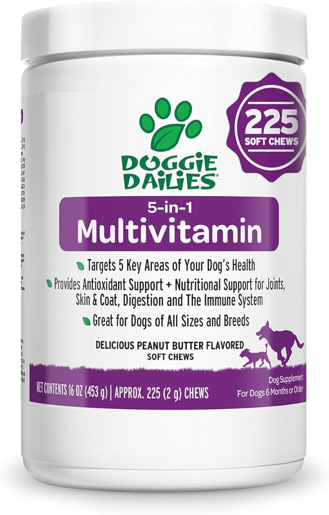 Doggie Dailies 5 in 1 Multivitamin for Dogs, Dog Multivitamin for Skin and Coat Health, Joint Health, Improved Digestion, Antioxidants, Support a Healthy Immune System (Peanut Butter) 225 Soft Chews-Mewly Pet