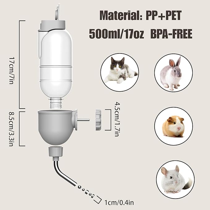 Pet Water Bottle for Cage Crate 17oz Non-Drip Water Dispenser for Small Animal Rabbit Bunny Guinea Pig Chinchilla Ferret Squirrel Hedgehog (Gray, 17oz)-Mewly Pet