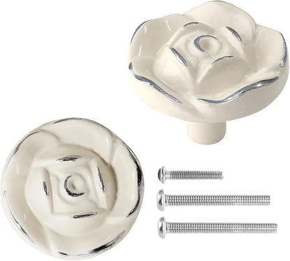 Uenhoy 5 Pcs Vintage Rose Drawer Knobs - Antique Rose Flower Cabinet Knobs for Dresser Vanity Nightstand Closet with Screws (Ivory White with Silver Edge)