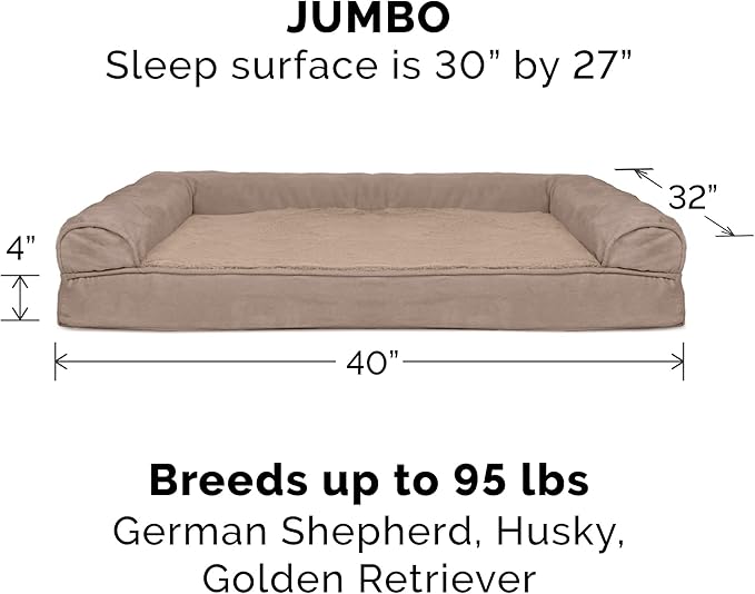 Furhaven Orthopedic Dog Bed for Large Dogs w/ Removable Bolsters & Washable Cover, For Dogs Up to 95 lbs - Plush & Suede Sofa - Almondine, Jumbo/XL-Mewly Pet