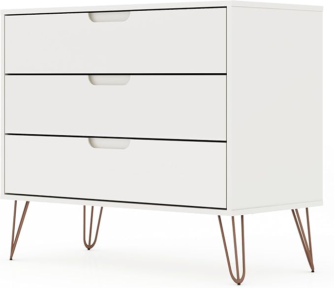 Manhattan Comfort Rockefeller 3 Drawer Dresser for Bedroom Storage, Nursery, Closet, Living Room, Entryway, TV Stand for Screens up to 32 Inches, Anti-Tip Kit Included, Set of 1, White