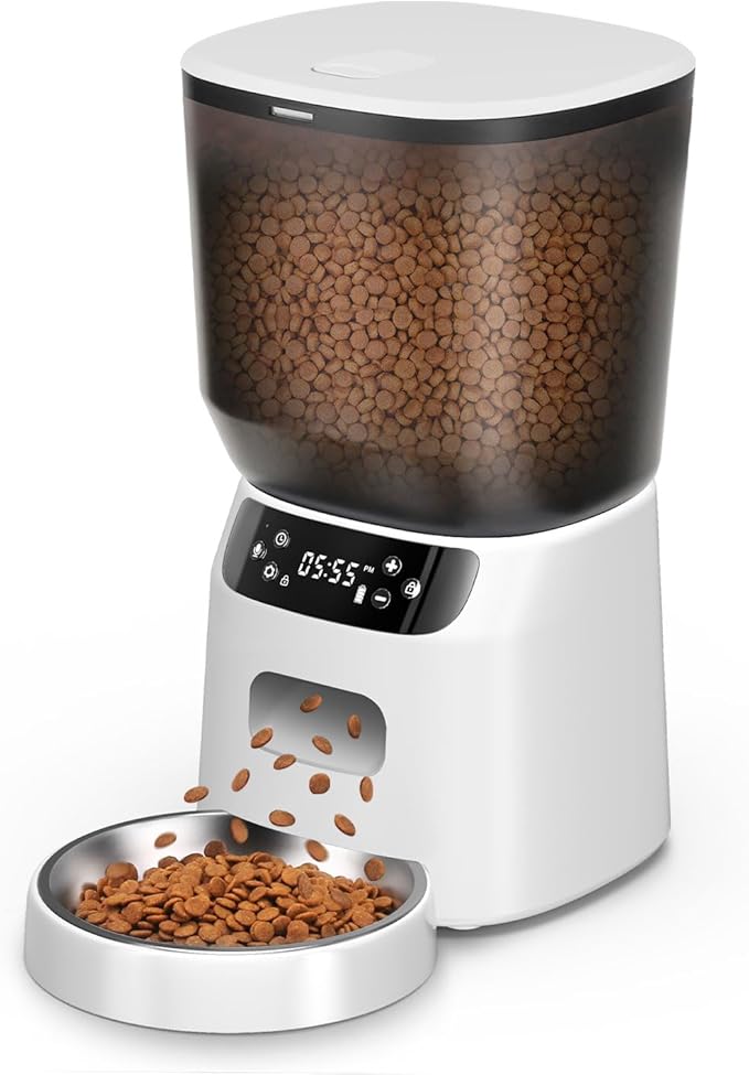 Automatic Cat Feeder, Cat Food Dispenser with Stainless Steel Bowl, Timed Portion Control 20 Portions 6 Meals Per Day, Voice Recorder, Dual Power Supply for Small Dogs (White)-Mewly Pet