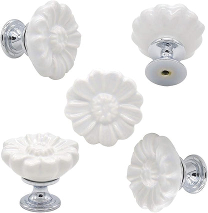 6PCS Vintage Floral Daisy Ceramic Dresser Drawer Knobs Elegant Cabinet Cupboard Door Hardware Pull Handles w/Screws White