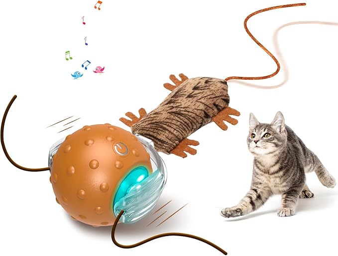 Interactive Cat Toys Ball Mouse Chirping Game Motion Activated Play Cat Ball Fast Rolling on Carpet, for High Energy Kittens-Mewly Pet