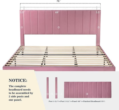 Allewie King Platform Bed Frame/Velvet Upholstered Bed Frame with Vertical Channel Tufted Headboard/Strong Wooden Slats/Mattress Foundation/Box Spring Optional/Easy Assembly/Pink