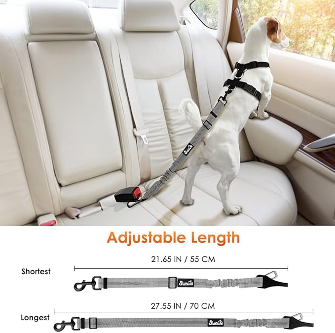 SlowTon 2 Pack Dog Seat Belt, 2 in 1 Attachment, Hook Latch Bar or Seatbelt Buckle with Elastic Nylon Bungee Buffer Adjustable Reflective Nylon Safety Belt Tether Connect to Dog Harness (2pack-GY)-Mewly Pet