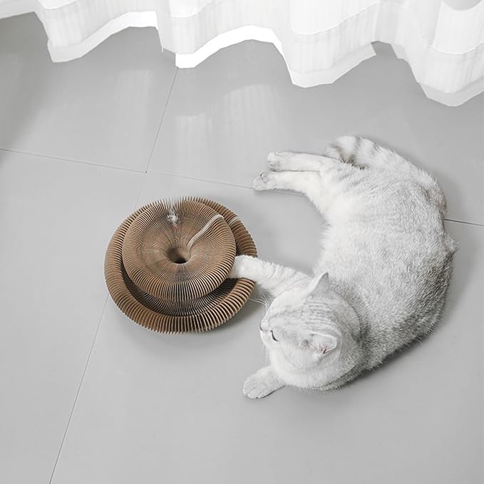 Kitty Curls Cat Toy Kurlz, Interactive Scratch Pad, Foldable Accordion,Cat Recyclable Scratcher with Ball (Pink)-Mewly Pet