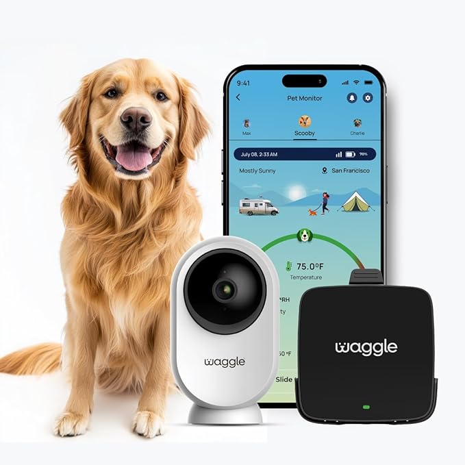 Waggle Dog Temperature Monitor & Pet Camera Bundle for RVs - Portable WiFi Cam (128GB) with Motion Alert & Remote Access | Watch Pets While Travelling-Mewly Pet