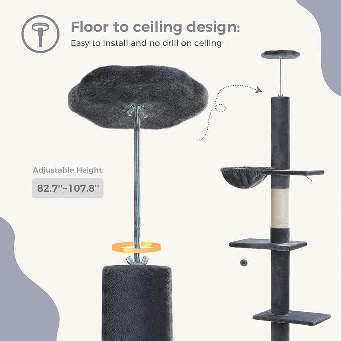 PEQULTI Floor to Ceiling Cat Tree, Tall Cat Tower, Adjustable Height (83''-108'') 5 Levels Climbing Tree for Indoor Cats with Cat Condo, Cozy Hammock and Scratching Post, Smoky Grey-Mewly Pet