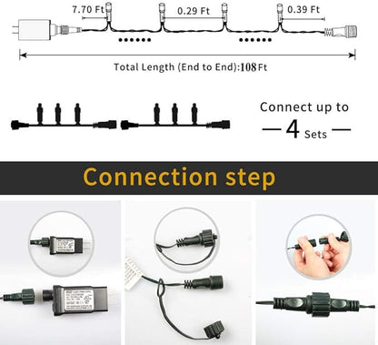 Christmas String Lights End-to-End Plug 8 Modes 108FT 300 LED IP55 Outdoor Waterproof UL Certificated Indoor Fairy Lights Garden Wedding Christma Trees Parties Decoration White Light