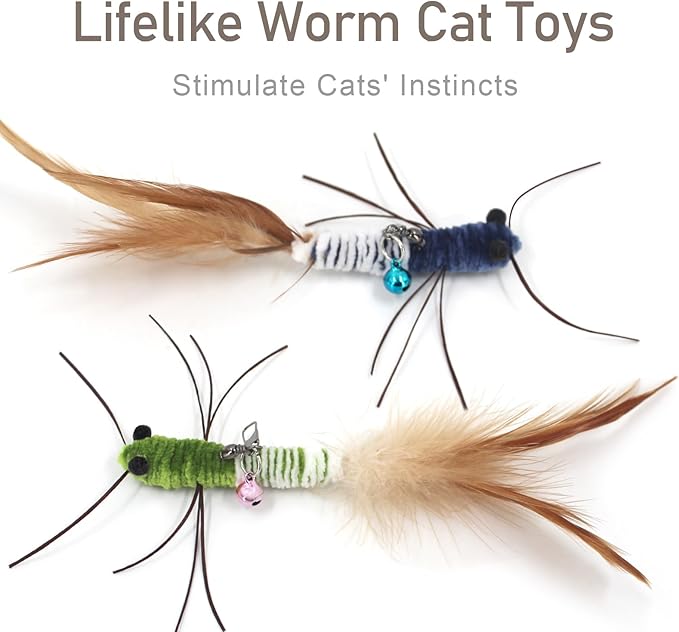 SONGWAY Insect Cat Toys with Feather - 6 Pieces Cat Worm Toy Refills, Cat Toy Wand Attachments, Worm Cat Toys, Interactive Toys for Indoor Cats Kittens-Mewly Pet