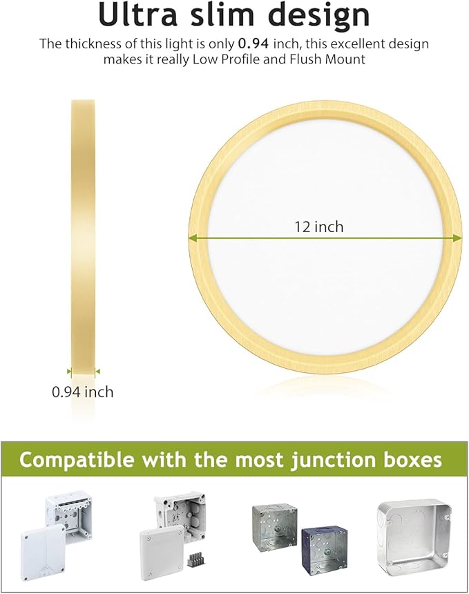 hepside 4PACK Flush Mount LED Ceiling Light Fixture Golden, 12Inch 28W, Dimmable 3000K-4500K-6000K 3 Color Selectable Ceiling Lamp 3200LM Low Profile Ceiling Light for Kitchen Bedroom Hallway