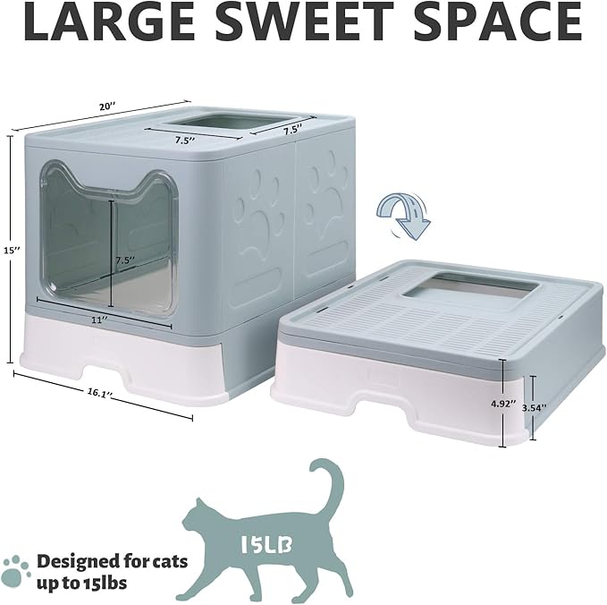 Foldable Cat Litter Box with Lid, Enclosed Potty, Large Top Entry Anti-Splashing Toilet, Easy to Clean Including Litter Scoop and 2-in-1 Cleaning Brush (Blue)-Mewly Pet