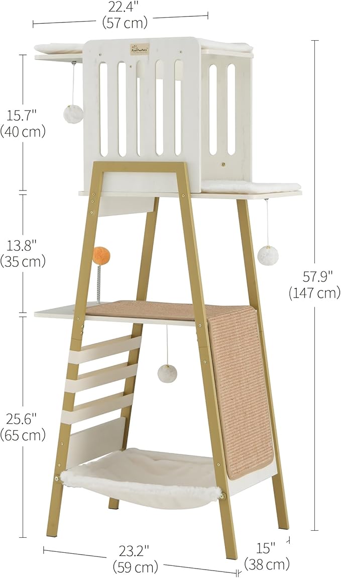 FourFurPets Modern Cat Tree, 58-Inch Cat Tower for Large Cats, Maine Coon Cat Tree with Scratching Board, Large Perch, Hammock and Removable Pads, White-Mewly Pet