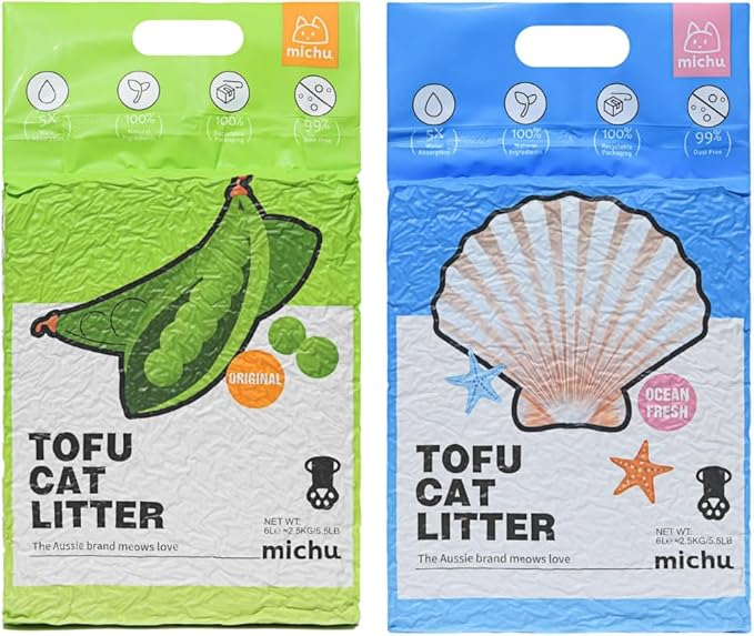 Tofu Cat Litter Natural Clumping Tofu Cat Litter, Fast Clumping and Easily Scoop-able 5.5lb/88oz 5 Scents - Original + Ocean Fresh, 2 Pack-Mewly Pet
