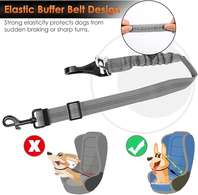 SlowTon 2 Pack Dog Seat Belt, 2 in 1 Attachment, Hook Latch Bar or Seatbelt Buckle with Elastic Nylon Bungee Buffer Adjustable Reflective Nylon Safety Belt Tether Connect to Dog Harness (2pack-GY)-Mewly Pet