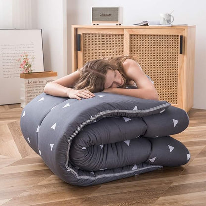 Grey Triangle Japanese Floor Futon Mattress, Tatami Mat Portable Camping Mat Kids Sleeping Pad Foldable Roll Up Floor Lounger Pillow Bed Twin Size with Mattress Protector Cover