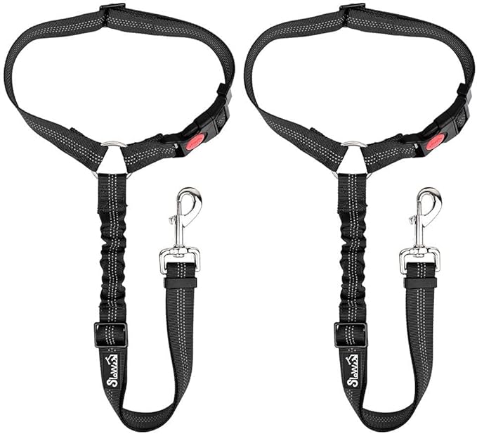 SlowTon Dog Seat Belt for Car, 2 Pack Dog Car Harness Seatbelt Adjustable with Elastic Bungee Buffer, 2 in 1 Pet Car Leash Headrest Restraint Dog Reflective Safety Tether (Black, Headrest)-Mewly Pet