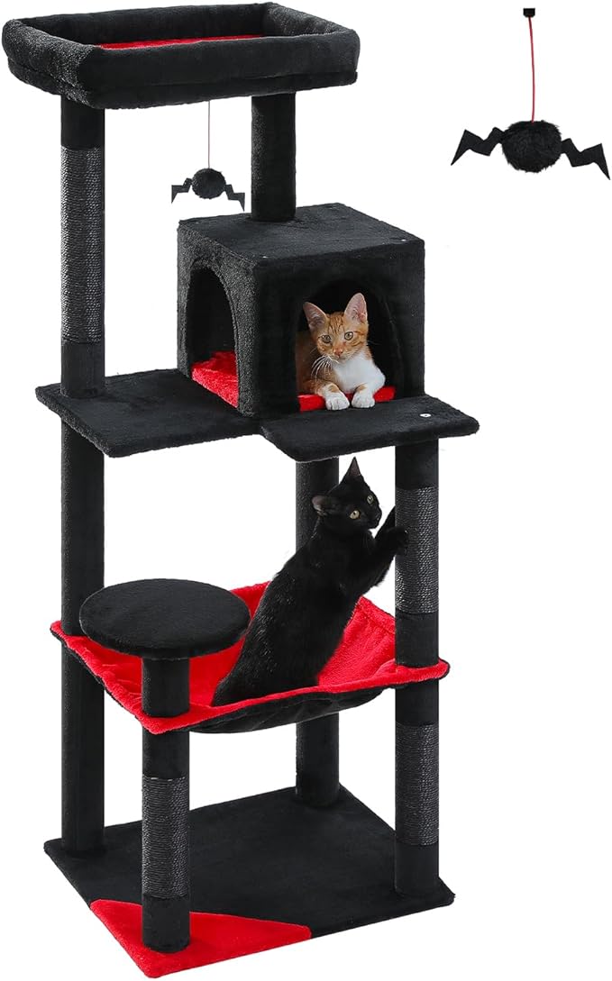 Gothic Cat Tree with Super Large Hammock, 56.3" Black Cat Tower with Coffin Bed, Cat Condo, Sisal Scratching Posts & Top Perch, Multi-Level Goth Cat Tree, Halloween, Black-Mewly Pet